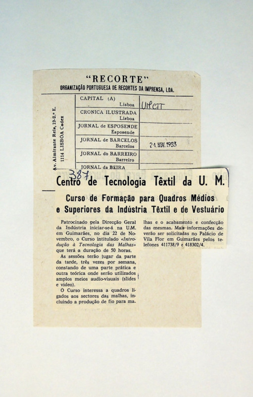  Centro de Tecnologia Têxtil da U.M. : curso de formação para quadros médios e superiores da Indústria Têxtil e de Vestuário 
