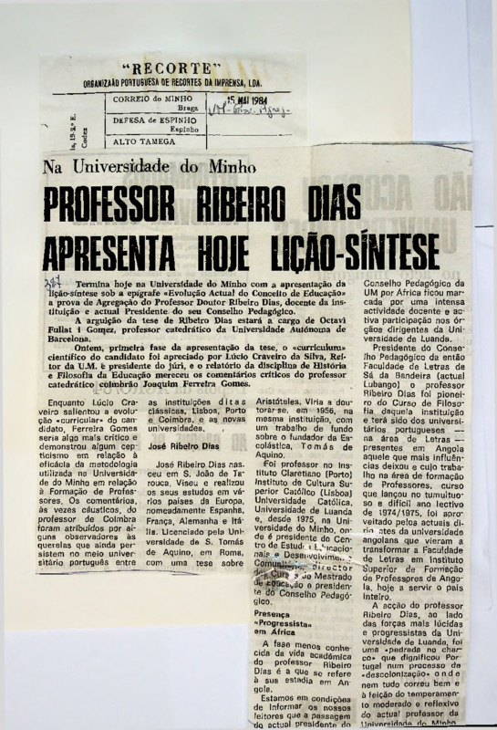  Professor Ribeiro Dias apresenta hoje lição-síntese 