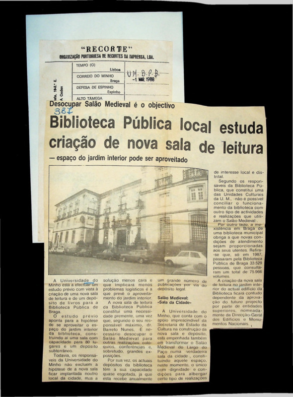  Desocupar salão medieval é o objectivo: Biblioteca Pública local estuda criação de nova sala de leitura: espaço do jardim interior pode ser aproveitado 