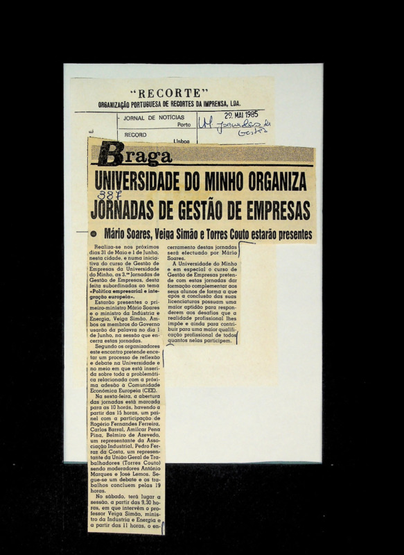  Universidade do Minho organiza jornadas de Gestão de Empresas: Mário Soares, Veiga Simão e Torres Couto estarão presentes 