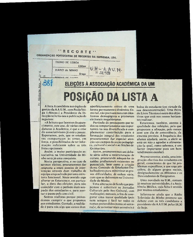  Eleições à Associação Académica da UM: posição da lista A 
