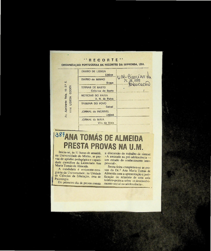  Ana Tomás de Almeida presta provas na U.M. 