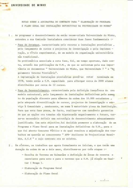  Notas sobre a assinatura do contrato para Elaboração do Programa e Plano Geral das Instalações Definitivas 