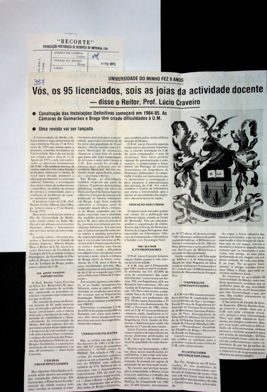  Universidade do Minho fez 9 anos : vós, os 95 licenciados, sois as jóias da actividade docente, disse o Reitor, Prof. Lúcio Craveiro 