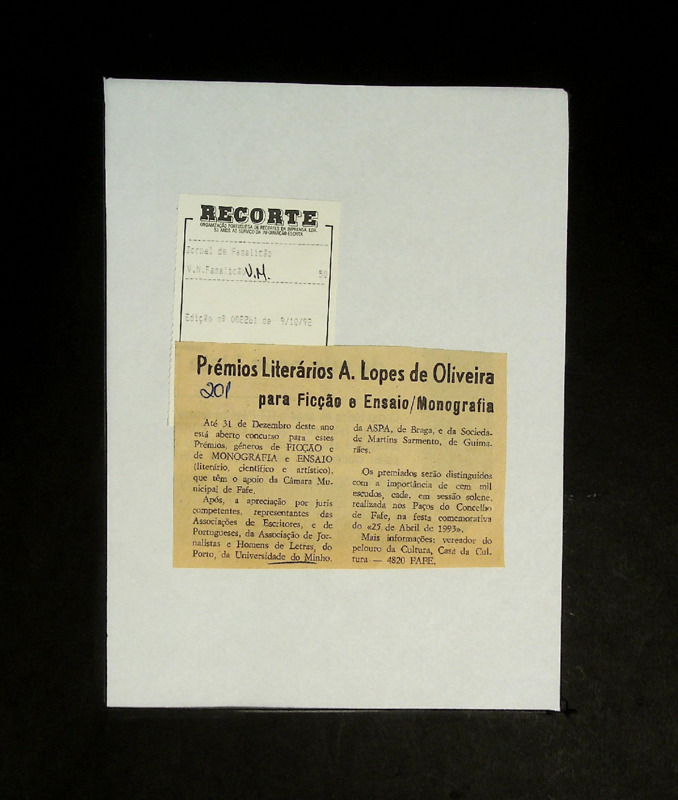  Prémios literários A. Lopes de Oliveira para ficção e ensaio/monografia 
