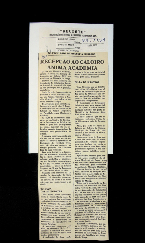  Na Faculdade de Filosofia de Braga: recepção ao caloiro anima Academia 