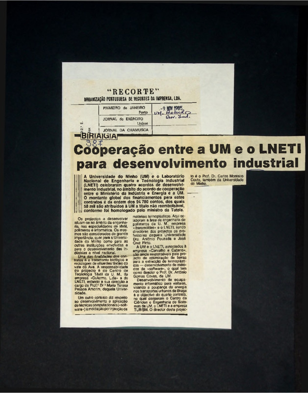  Cooperação entre a UM e o LNETI para desenvolvimento industrial 