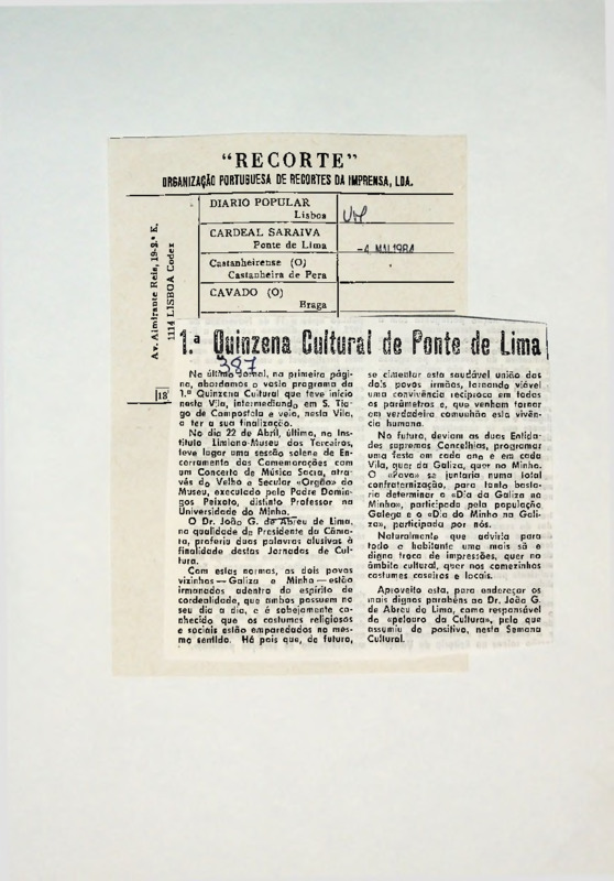 1ª.  Quinzena cultural de Ponte de Lima 