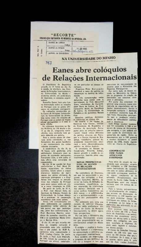  Eanes abre colóquios de Relações Internacionais 