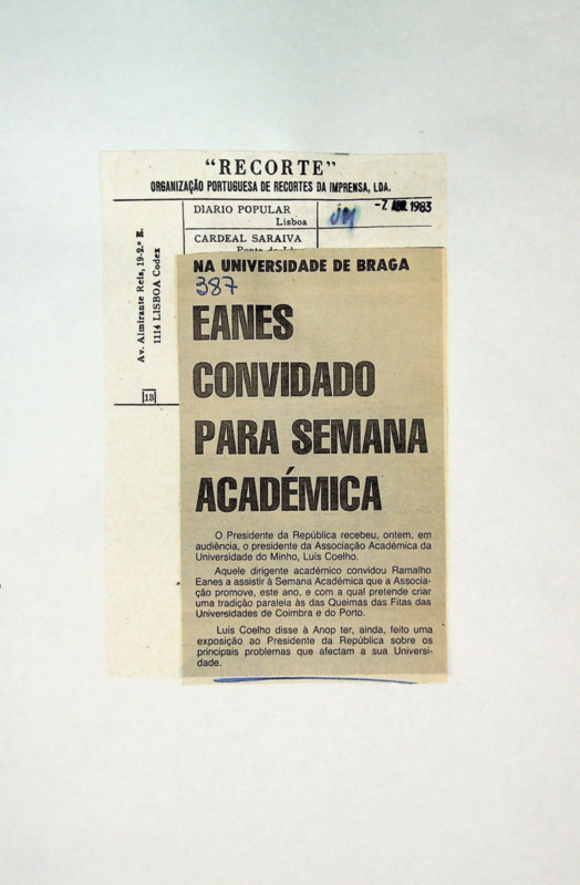  Na Universidade de Braga : Eanes convidado para Semana académica 