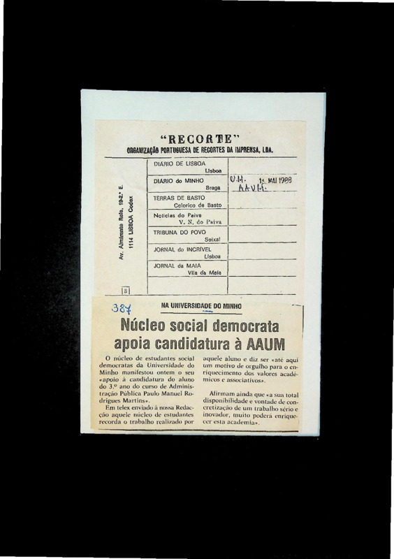  Núcleo social-democrata apoia candidatura à AAUM 