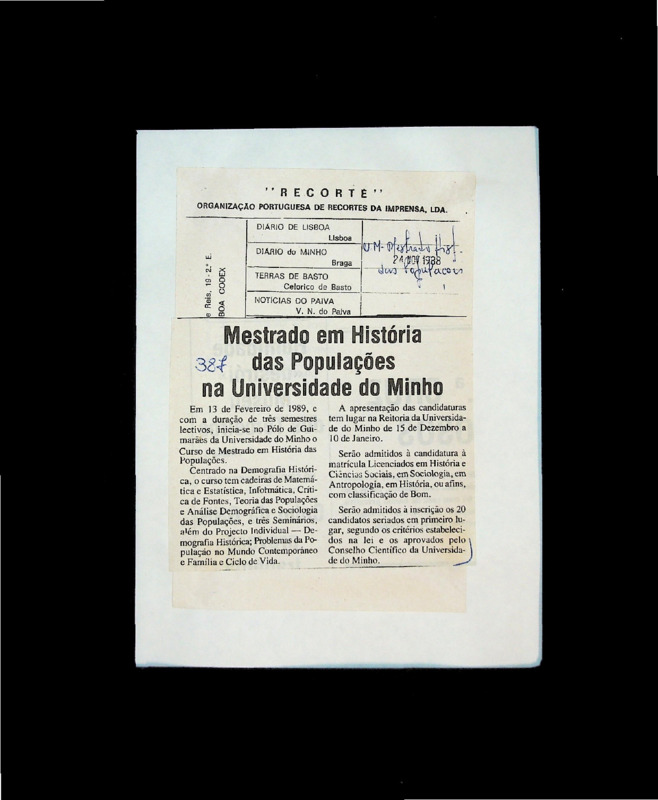  Mestrado em História das Populações na Universidade do Minho 