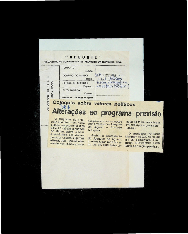  Colóquio sobre valores políticos: alterações ao programa previsto 