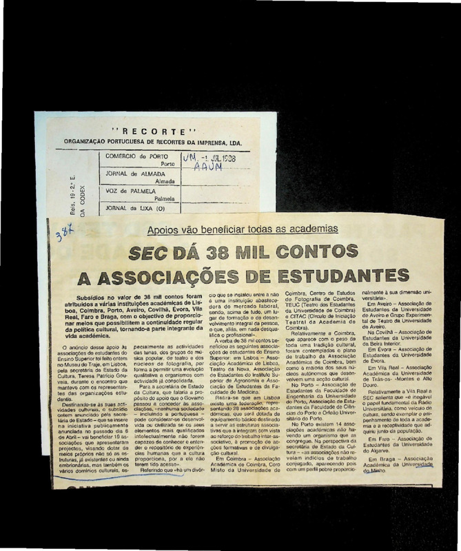 Apoios vão beneficiar todas as Academias: SEC dá 38 mil contos a Associação de Estudantes 