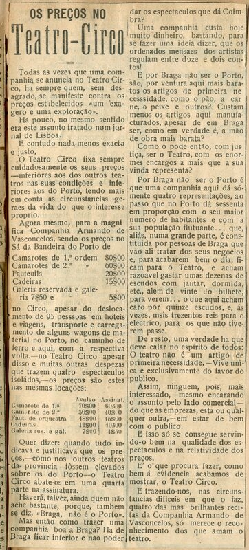  Os preços no Teatro Circo 
