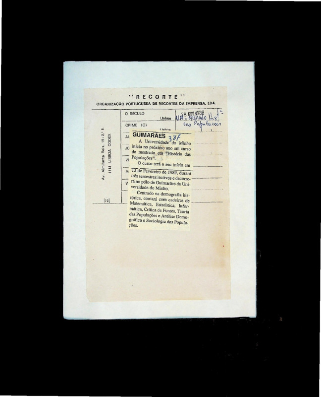  Criação do mestrado em História das Populações na Universidade do Minho 