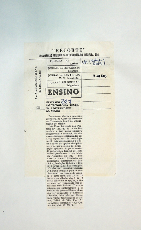  Mestrado em Tecnologia Têxtil na Universidade do Minho 