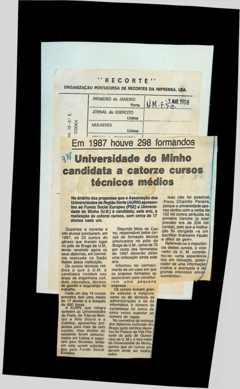  Em 1987 houve 298 formandos: Universidade do Minho candidata a catorze cursos técnicos médios 