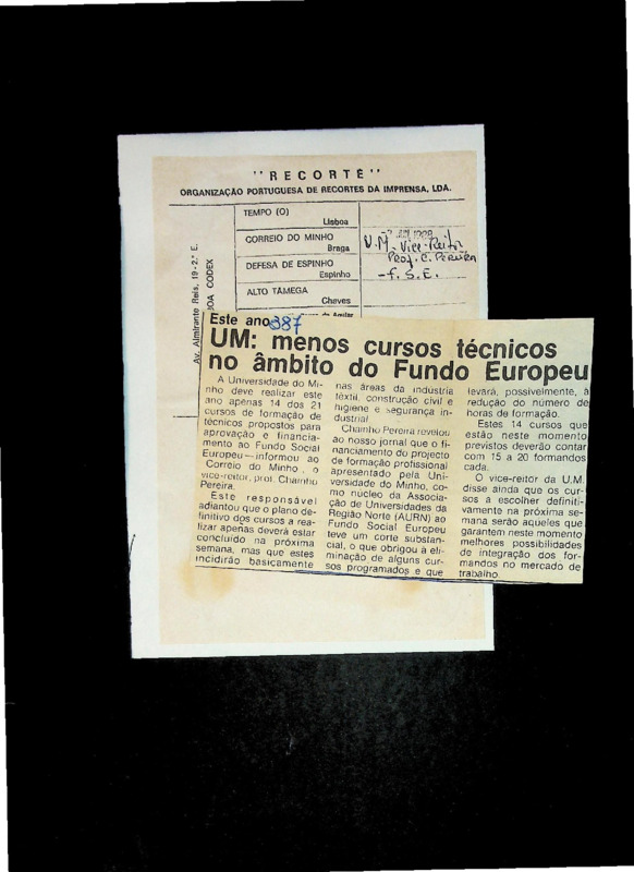  UM: menos cursos técnicos no âmbito do Fundo Europeu 