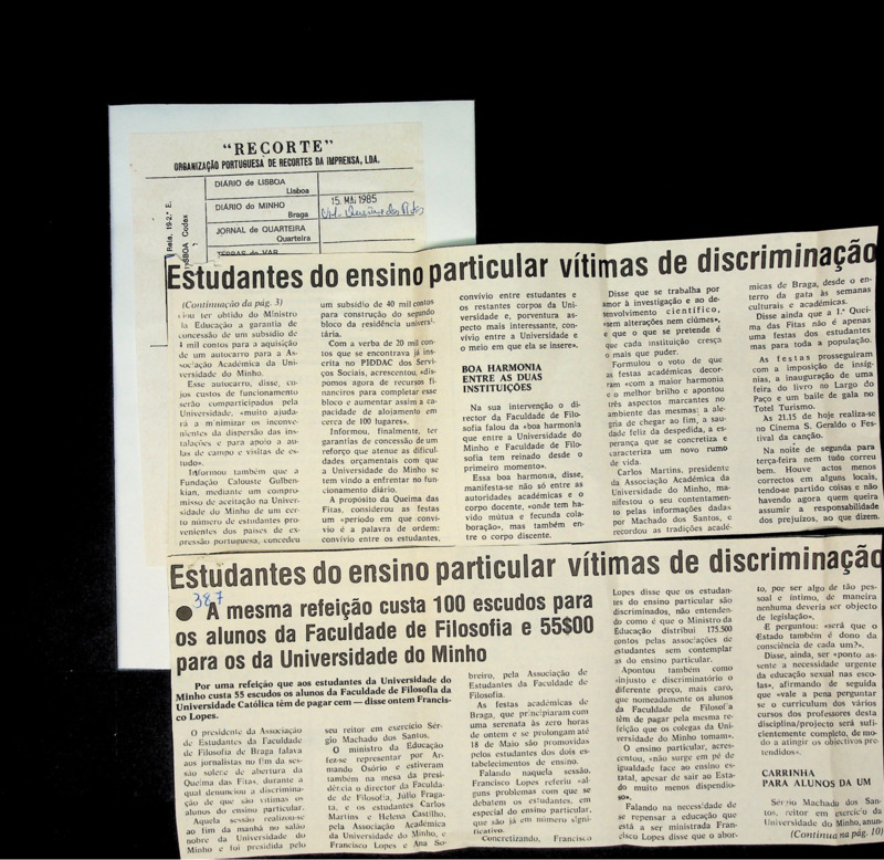  Estudantes do ensino particular vítimas de descriminação: a mesma refeição custo 100 escudos para os alunos da Faculdade de Filosofia e 55$00 para os da Universidade do Minho 