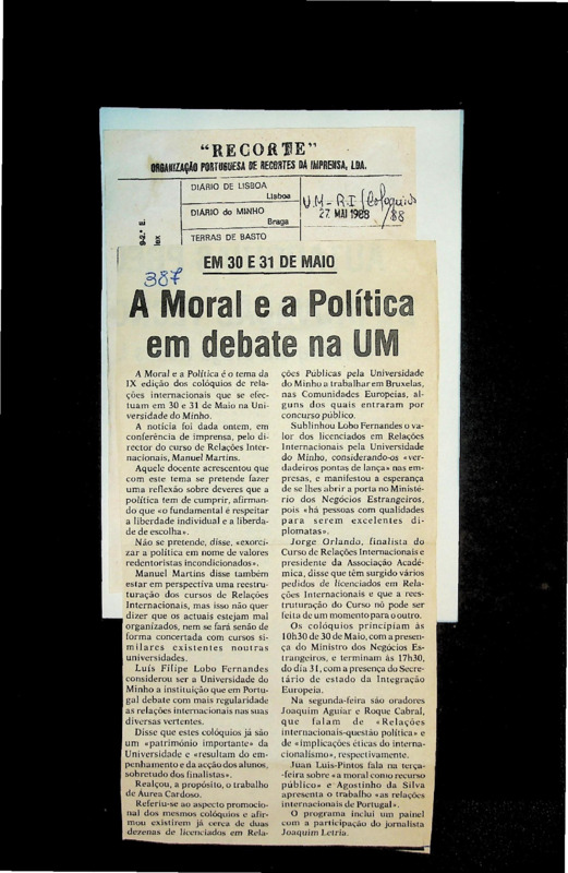  Em 30 e 31 de Maio a Moral e a Política em debate na UM 