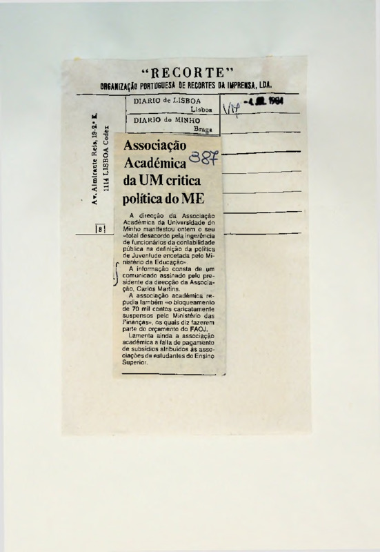  Associação Académica da UM critica política do ME 