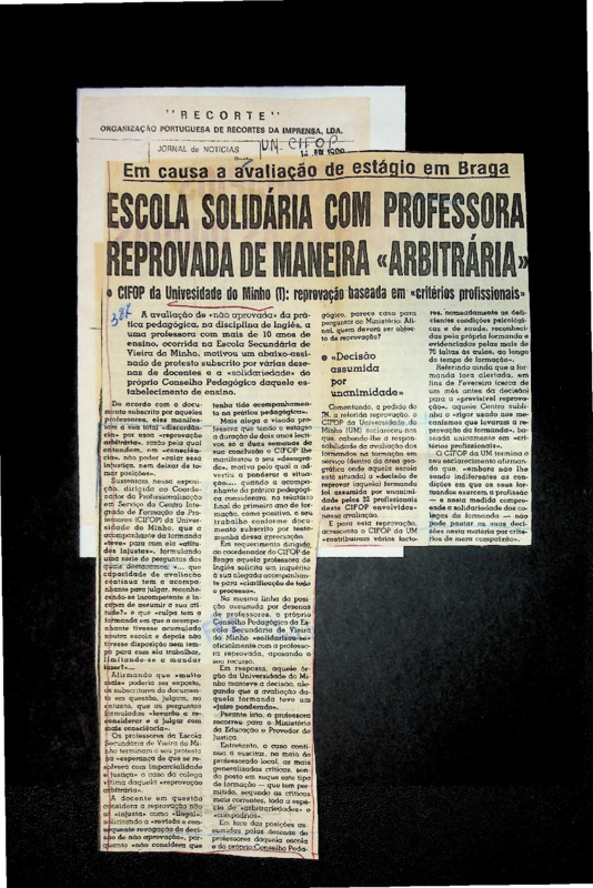  Em causa a avaliação de estágio em Braga: escola solidária com professora reprovada de maneira 