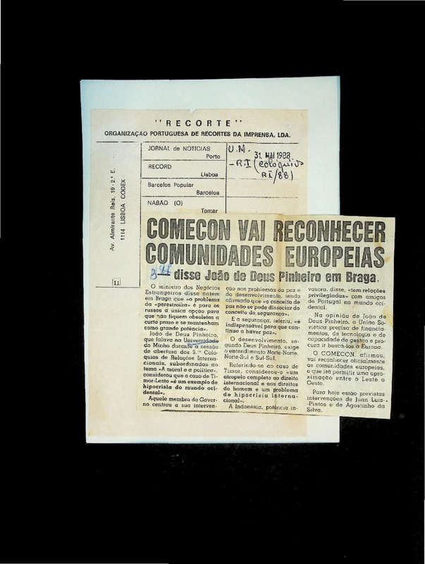  COMECON vai reconhecer comunidades europeias - disse João de Deus Pinheiro em Braga 