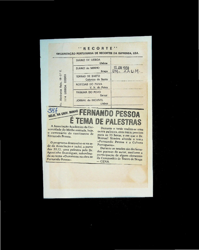  Hoje, na Univ. do Minho Fernando Pessoa é tema de palestras 