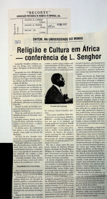  Ontem na Universidade do Minho - Religião e Cultura em África - conferência de L. Senghor 