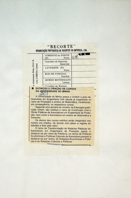  Extinção e criação de Cursos da Universidade do Minho 