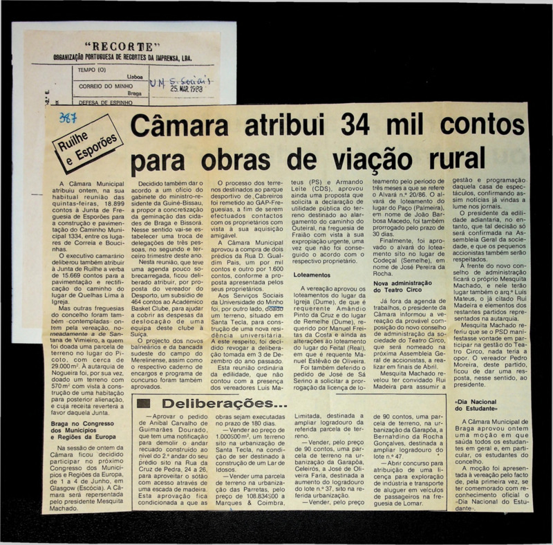  Câmara atribui 34 mil contos para obras de viação rural 