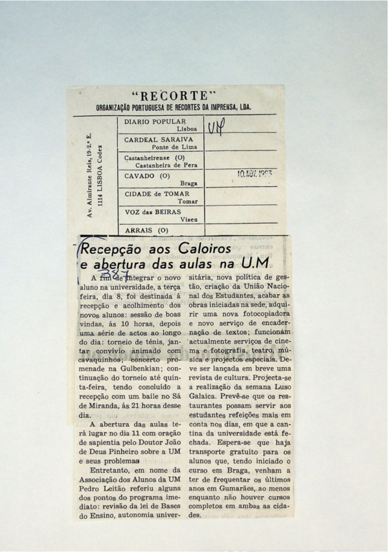  Recepção aos Caloiros e abertura das aulas na U.M. 