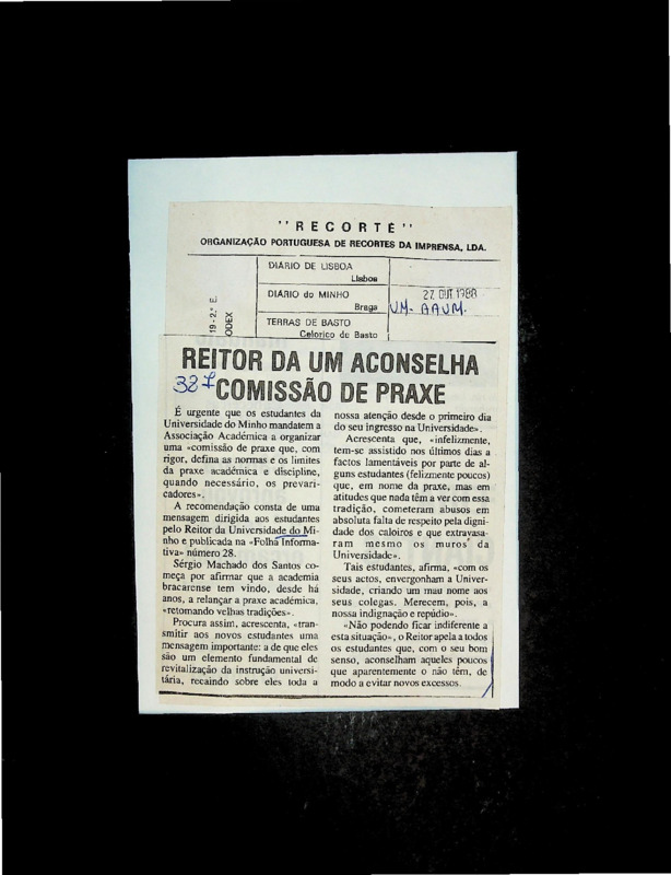  Reitor da UM aconselha comissão de praxe 