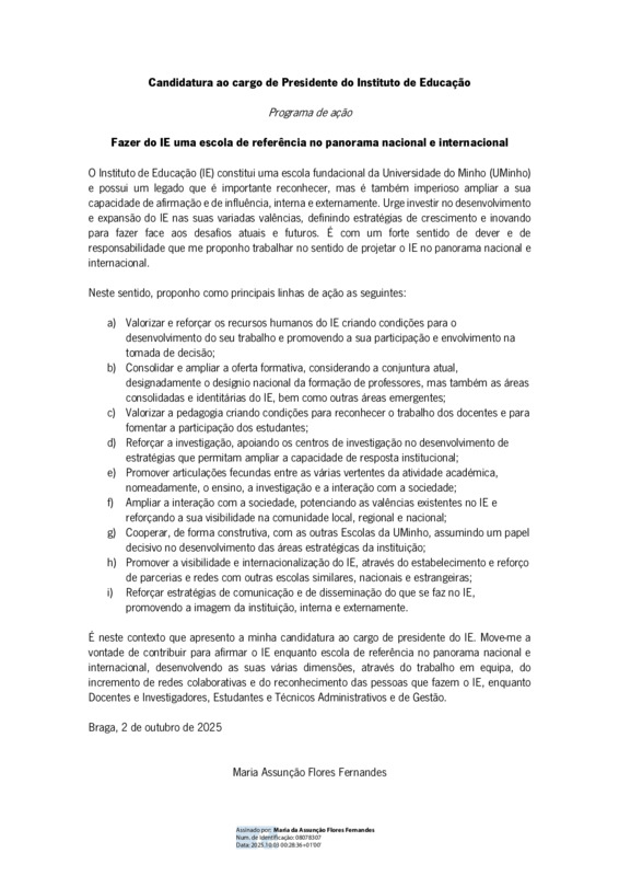  Candidatura ao cargo de Presidente do Instituto de Educação: Assunção Flores 