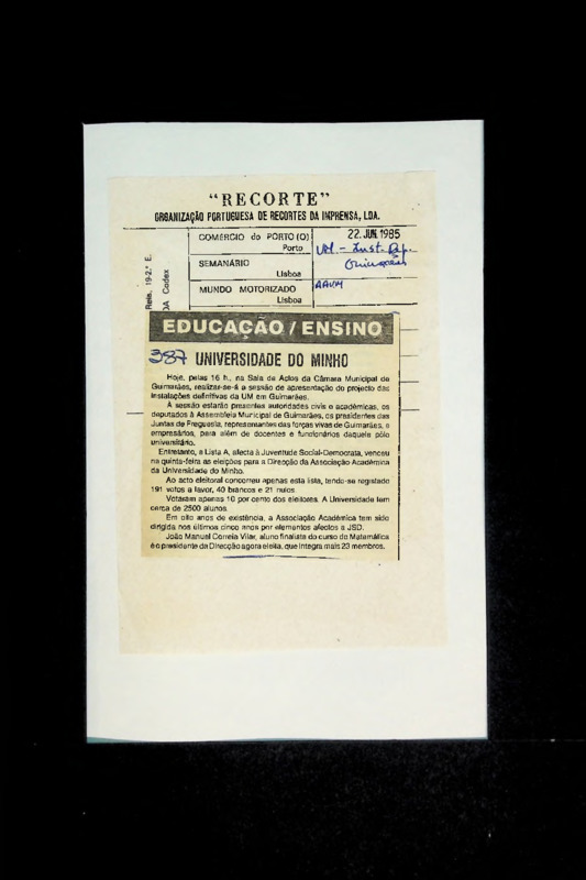  Apresentação do projeto das instalações definitivas da Universidade do Minho em Guimarães e eleição da Direção da Associação Académica 