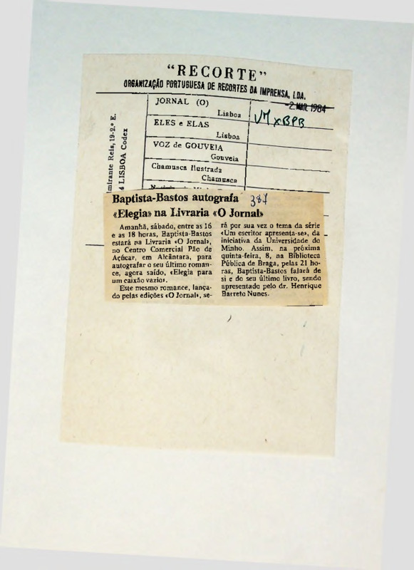  Baptista-Bastos autografa «Elegia» na Livraria «O Jornal» 