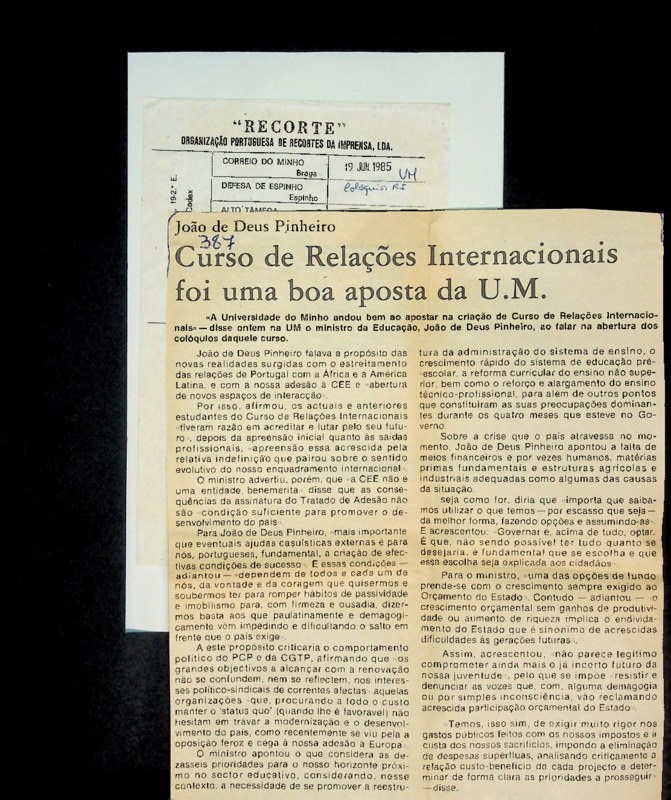  João de Deus Pinheiro: curso de Relações Internacionais foi uma boa aposta da U. M. 