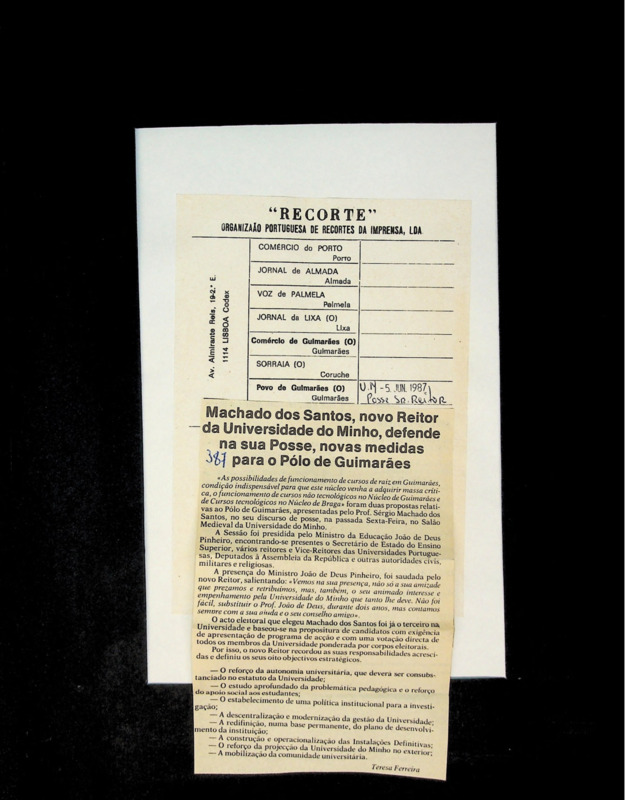  Machado dos Santos, novo reitor da Universidade do Minho, defende na sua posse, novas medidas para o Pólo de Guimarães 