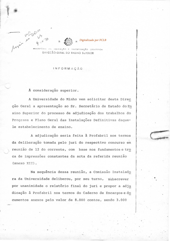 Informação do Inspector superior da DGES sobre adjudicação dos trabalhos concurso UMinho