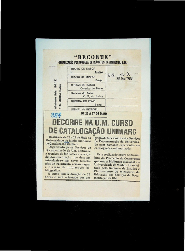  Decorre na U. M. curso de catalogação Unimarc 
