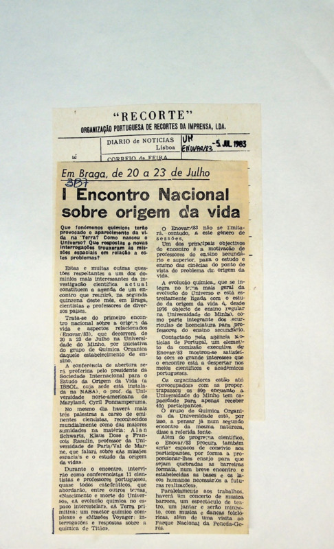  Em Braga, de 20 a 23 de Julho - I Encontro Nacional sobre origem da vida 