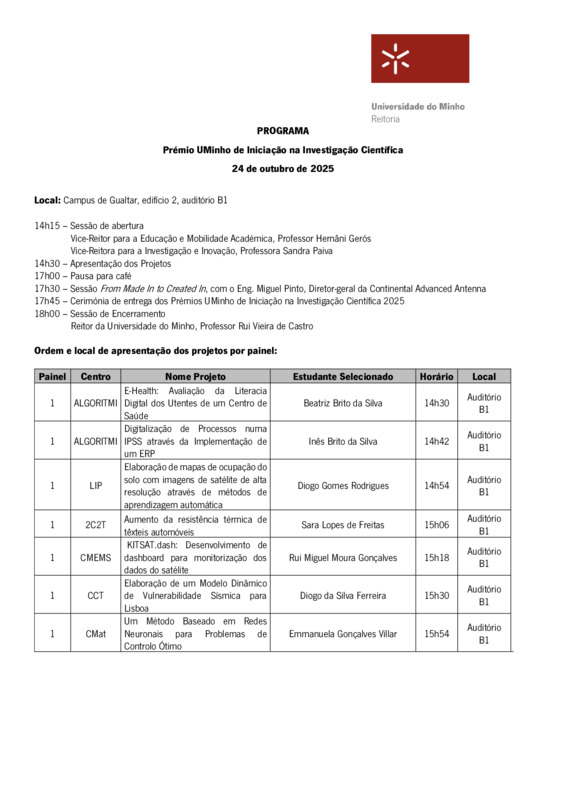  Cerimónia do Prémio UMinho de Iniciação na Investigação Científica 2025 